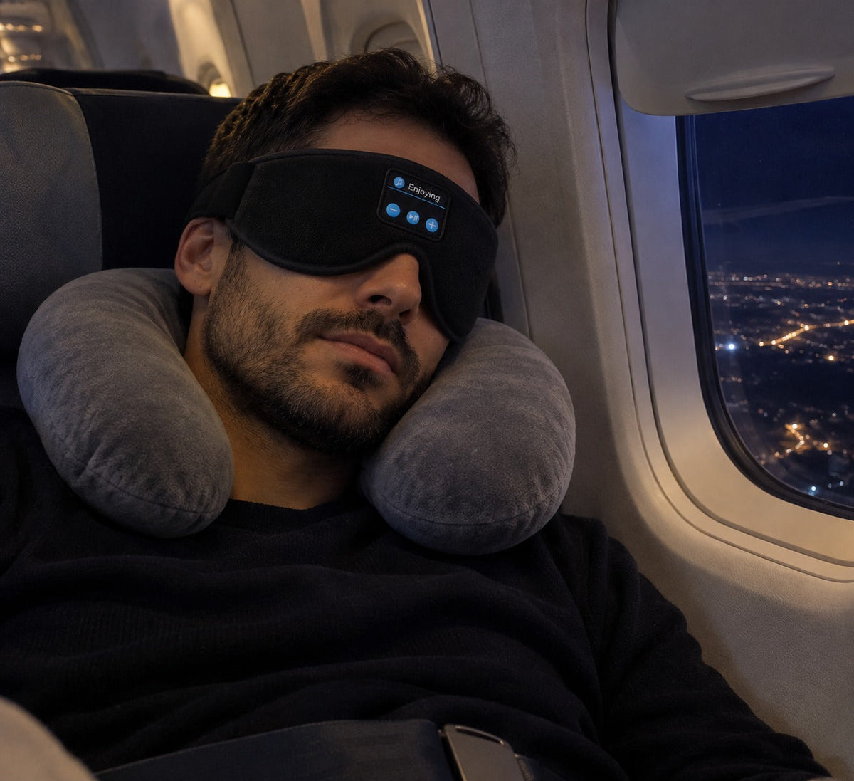 Bluetooth sleep mask on a night flight